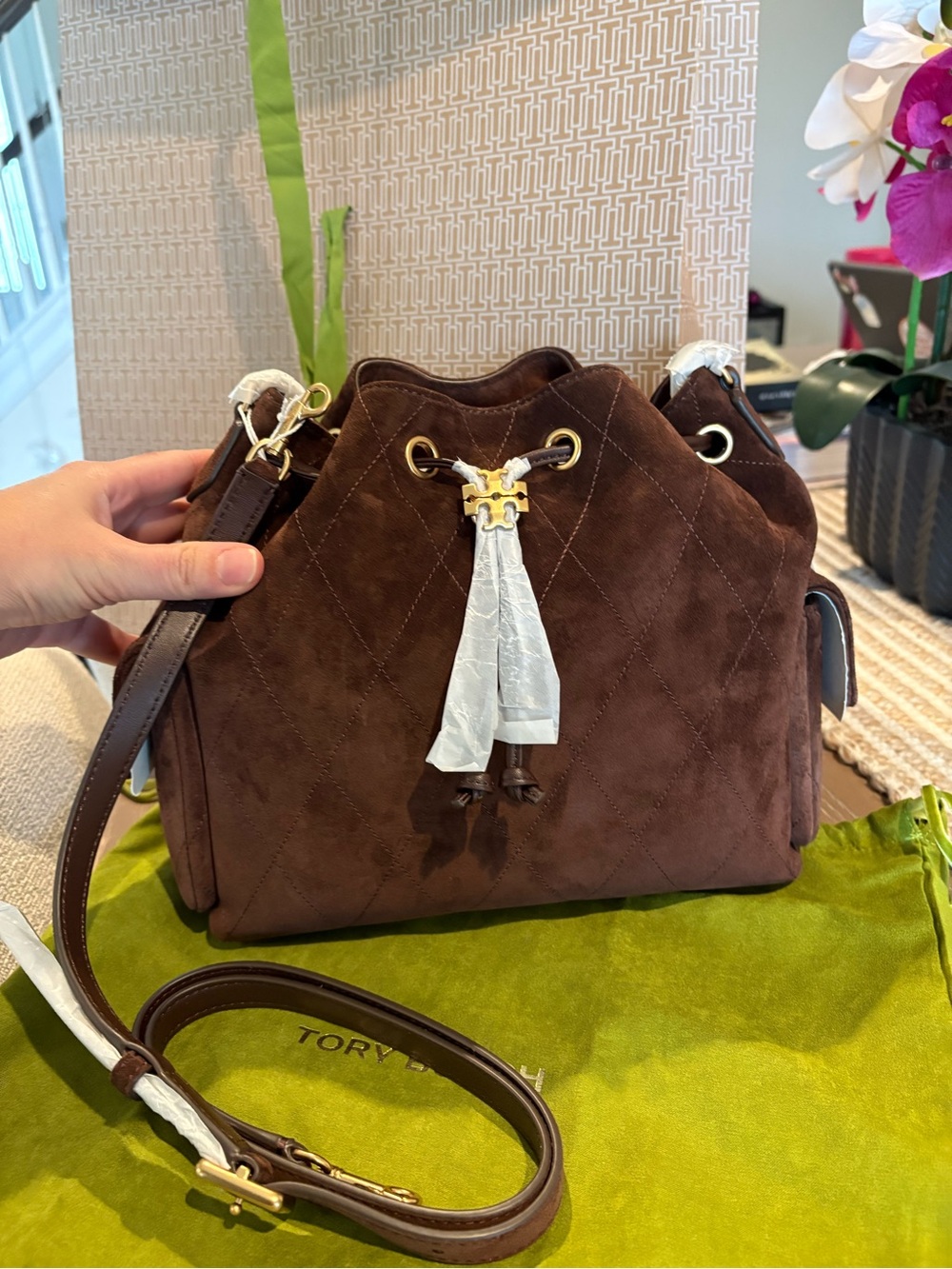 Tory Burch Brown Quilted Suede Drawstring Crossbody Bag
